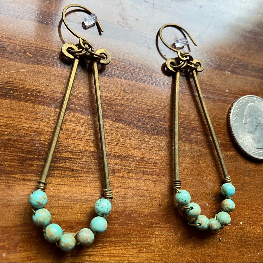 Artisan dangle boho earrings. Brass and turquoise.